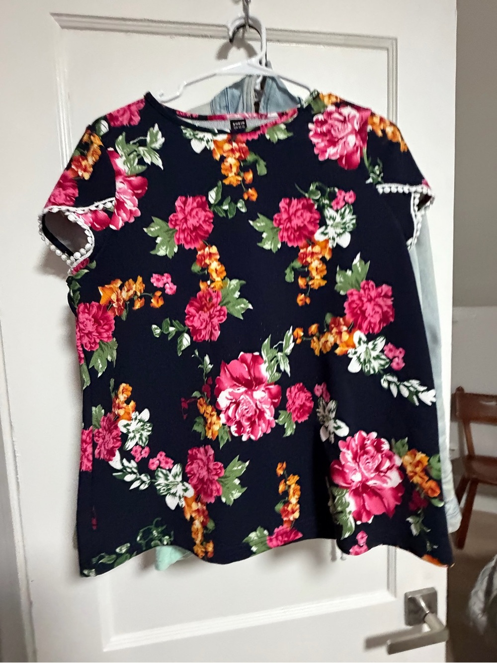SHEIN Black Floral Top with Pink & Green Blooms
